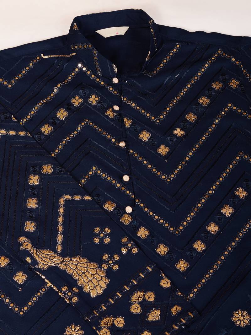 Navy blue viscose rayon thread & sequins embroidered with foil mirror work wedding festival party wear straight kurta