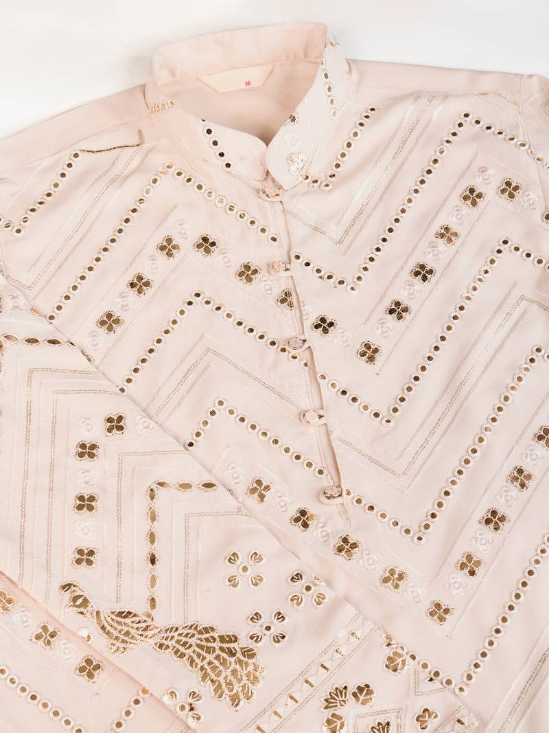 Beige viscose rayon thread & sequins embroidered with foil mirror work wedding festival party wear straight kurta