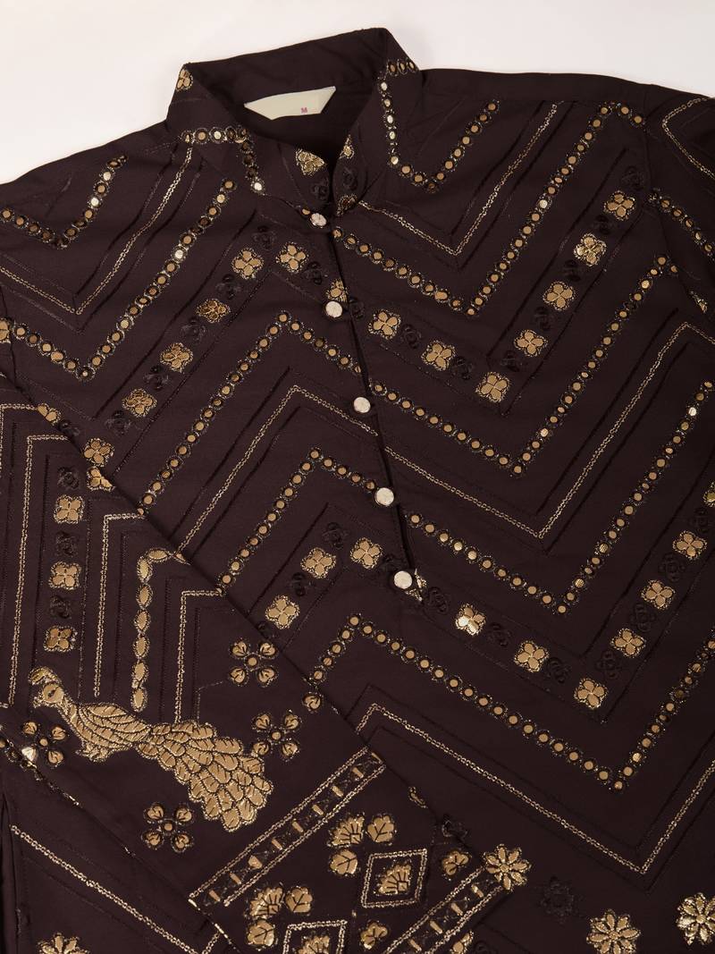 Brown viscose rayon thread & sequins embroidered with foil mirror work wedding festival party wear straight kurta