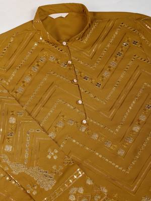 Yellow viscose rayon thread & sequins embroidered with foil mirror work wedding festival party wear straight kurta 10