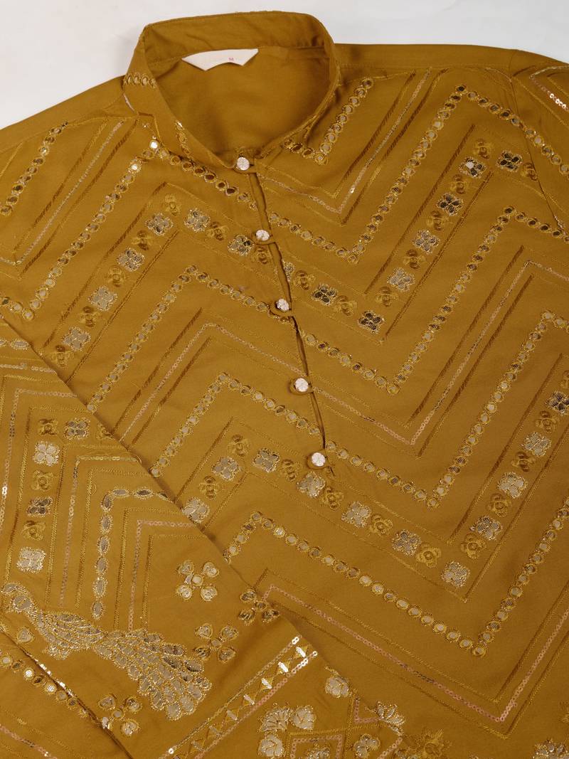 Yellow viscose rayon thread & sequins embroidered with foil mirror work wedding festival party wear straight kurta