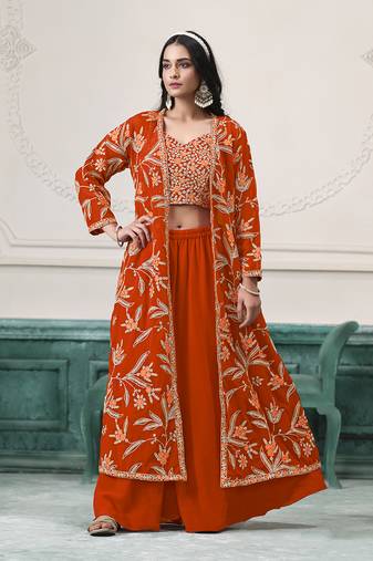 Embroidered faux georgette orange readymade salwar kameez with shrug