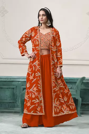 Embroidered faux georgette orange readymade salwar kameez with shrug