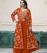 Embroidered faux georgette orange readymade salwar kameez with shrug