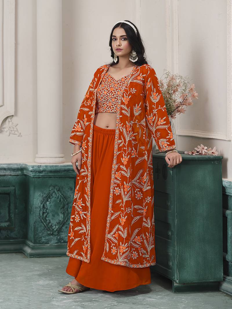 Embroidered faux georgette orange readymade salwar kameez with shrug