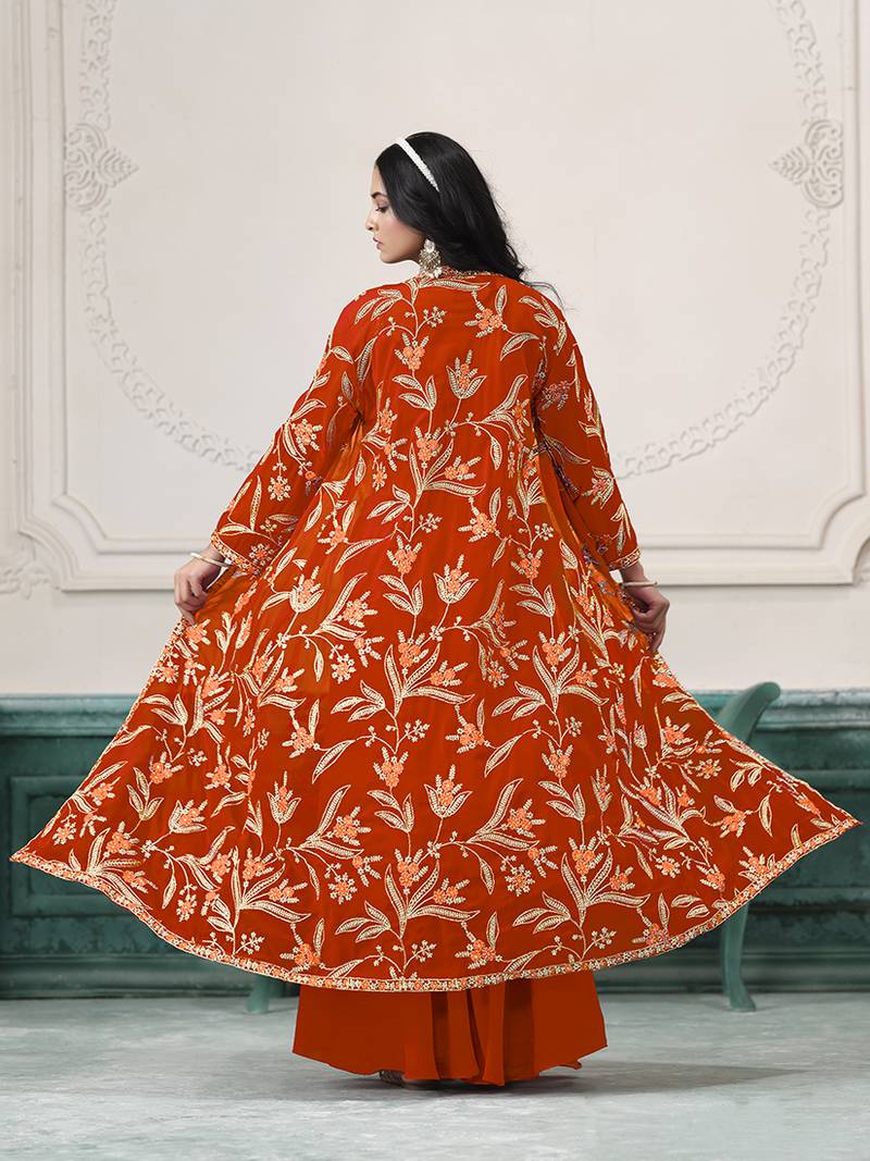 Embroidered faux georgette orange readymade salwar kameez with shrug