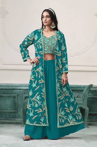 Embroidered faux georgette teal readymade salwar kameez with shrug