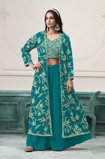 Embroidered faux georgette teal readymade salwar kameez with shrug