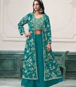 Embroidered faux georgette teal readymade salwar kameez with shrug