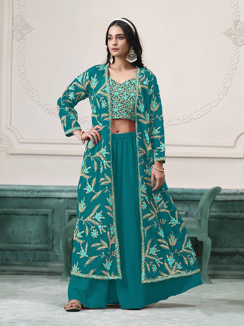 Embroidered faux georgette teal readymade salwar kameez with shrug