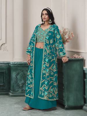 Embroidered faux georgette teal readymade salwar kameez with shrug 2