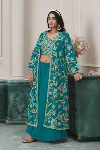 Embroidered faux georgette teal readymade salwar kameez with shrug