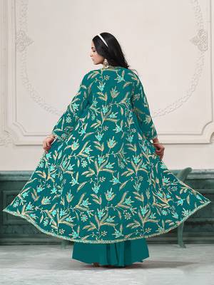 Embroidered faux georgette teal readymade salwar kameez with shrug 3