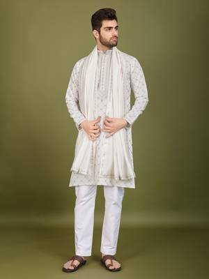 white viscose silk sequins embroidered kurta with dupatta 7