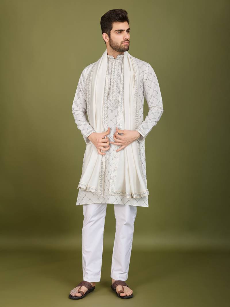 white viscose silk sequins embroidered kurta with dupatta