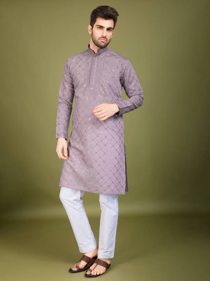 Dusty purple viscose silk thread & sequins embroidered work wedding festival party wear straight kurta with dupatta