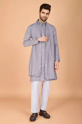 grey viscose silk thread & sequins embroidered straight kurta with dupatta