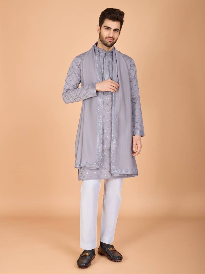 grey viscose silk thread & sequins embroidered straight kurta with dupatta