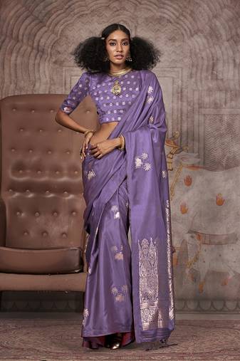 Purple satin silk saree with brocade blouse