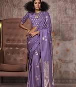 Purple satin silk saree with brocade blouse