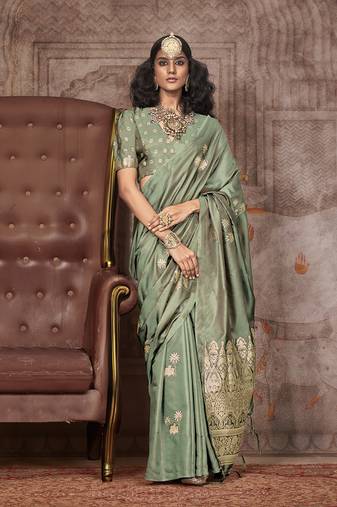 Sage green satin silk saree with brocade blouse