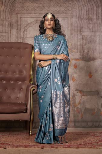 Antique blue satin silk saree with brocade blouse