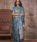 Antique blue satin silk saree with brocade blouse