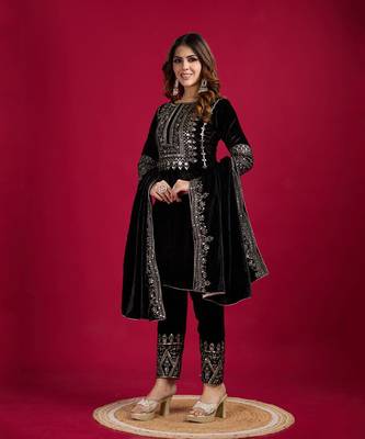 Black Viscos Velvet Embroidery Work Full Sleeve Fully Stitched Ready To Wear Kurti Set 7