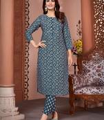 Sea blue printed silk kurti set