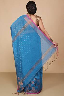 Turquoise  Cotton Leaf Design Sarees with Jacquard Work with Blouse Piece  5