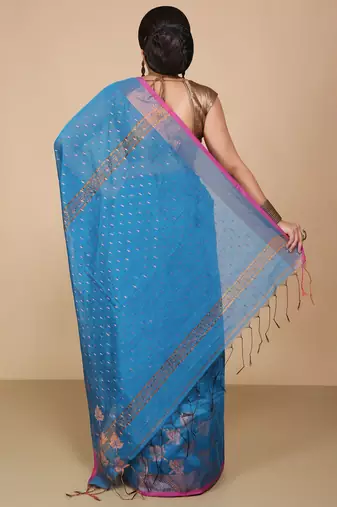 Turquoise  Cotton Leaf Design Sarees with Jacquard Work with Blouse Piece 
