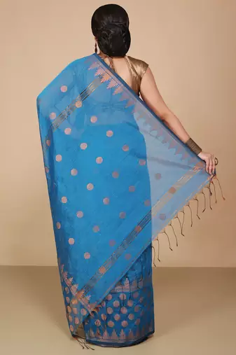 Turquoise Woven Handloom ball design  Cotton Saree 