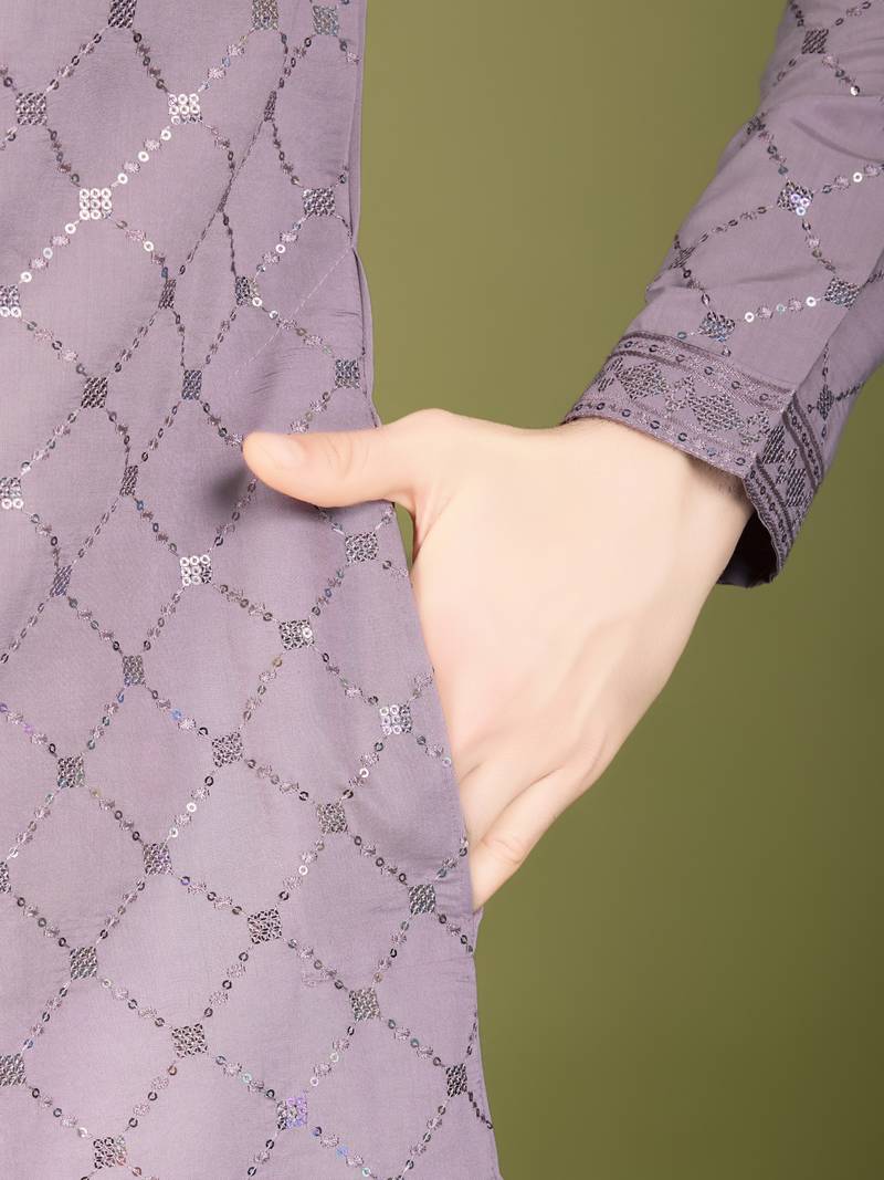 Dusty purple viscose silk thread & sequins embroidered work wedding festival party wear straight kurta with dupatta