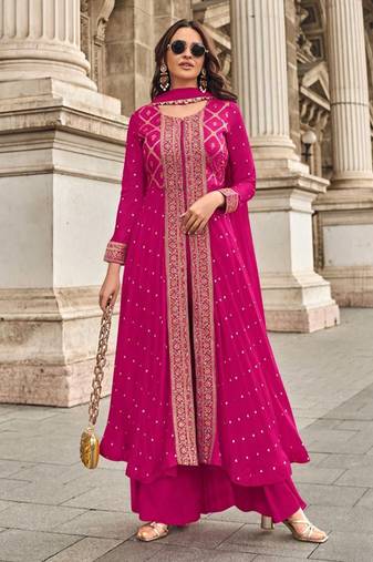 Pink chinon sequence embroidered readymade salwar suit (free size)