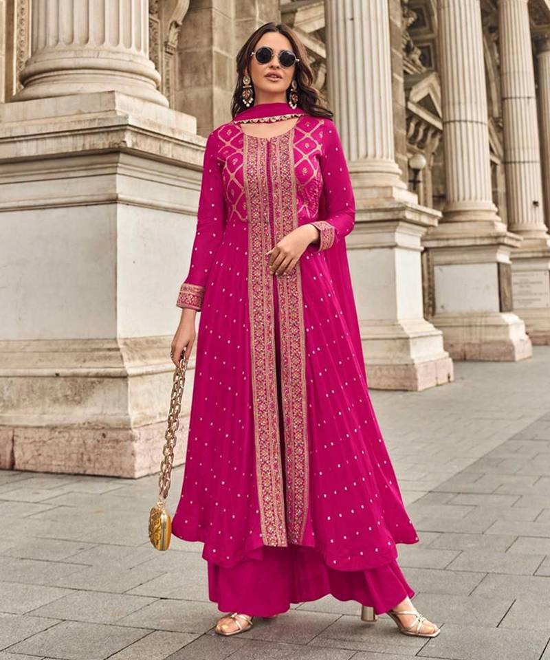 Pink chinon sequence embroidered readymade salwar suit (free size)