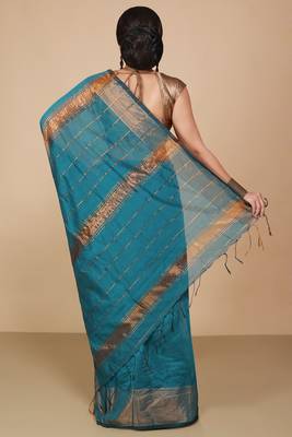 Light Sea Green Zari Border Checked Cotton zori Blend Saree  5
