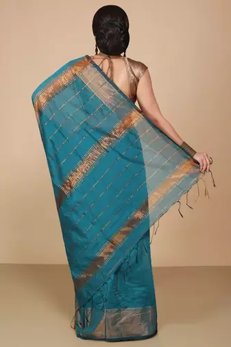 Light Sea Green Zari Border Checked Cotton zori Blend Saree 