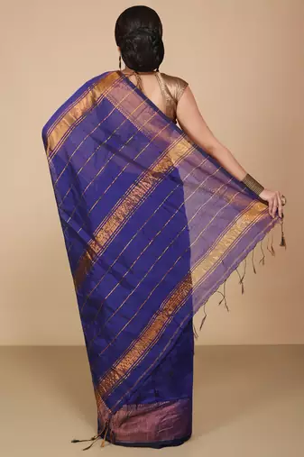 Blue Zari Border Checked Cotton zori Blend Saree 