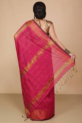 Pink Zari Border Checked Cotton zori Blend Saree  6