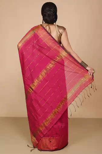Pink Zari Border Checked Cotton zori Blend Saree 