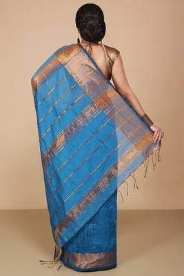 Turquoise Zari Border Checked Cotton zori Blend Saree   4