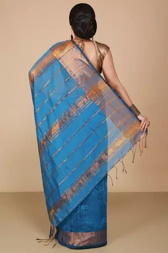 Turquoise Zari Border Checked Cotton zori Blend Saree  