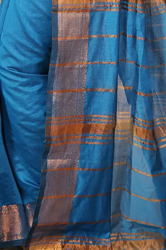 Turquoise Zari Border Checked Cotton zori Blend Saree  