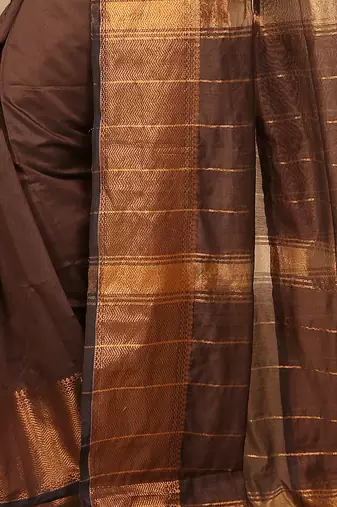 Brown Zari Border Checked Cotton zori Blend Saree 