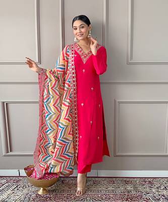 Elegant Red Embroidered Viscose Kurta Pant Set with Matching Dupatta Stitched 6