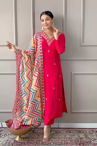 Elegant Red Embroidered Viscose Kurta Pant Set with Matching Dupatta Stitched