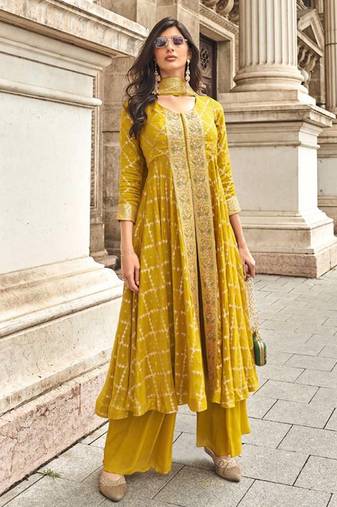 Yellow chinon sequin embroidered readymade salwar suit (free size)