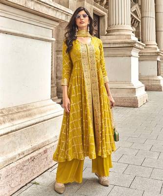 Yellow chinon sequin embroidered salwar suit (free size) 1