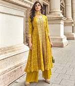 Yellow chinon sequin embroidered salwar suit (free size)