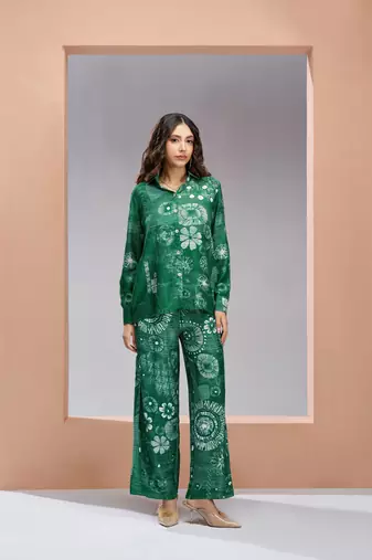 Dark green muslin silk printed co-ord set